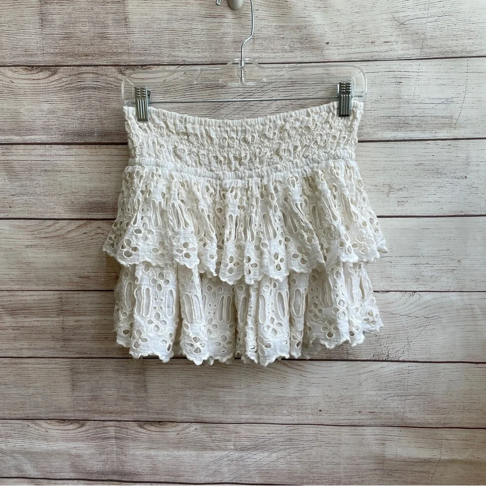 FREE PEOPLE ONE COTTON CROCHET RUFFLE TIER MINI SKIRT IN‎ CREAM